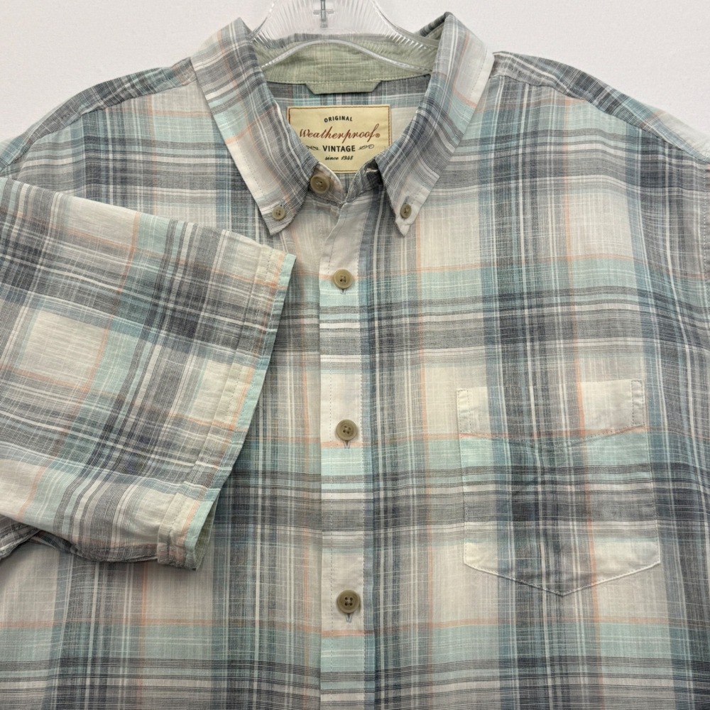 Weatherproof Vintage Button Down Shirt Mens XL Blue Plaid Short‎ Sleeve Cotton